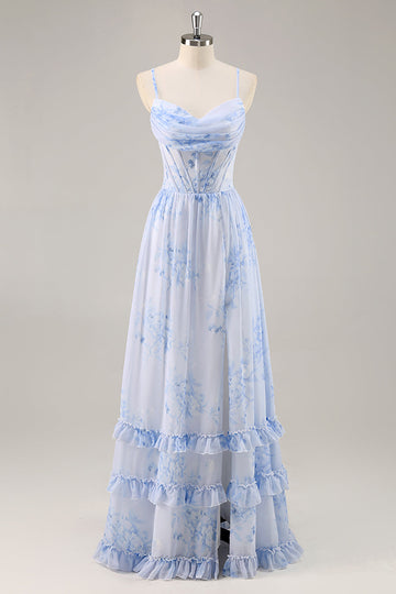 Blue Floral Corset Chiffon Long Bridesmaid Dress with Slit